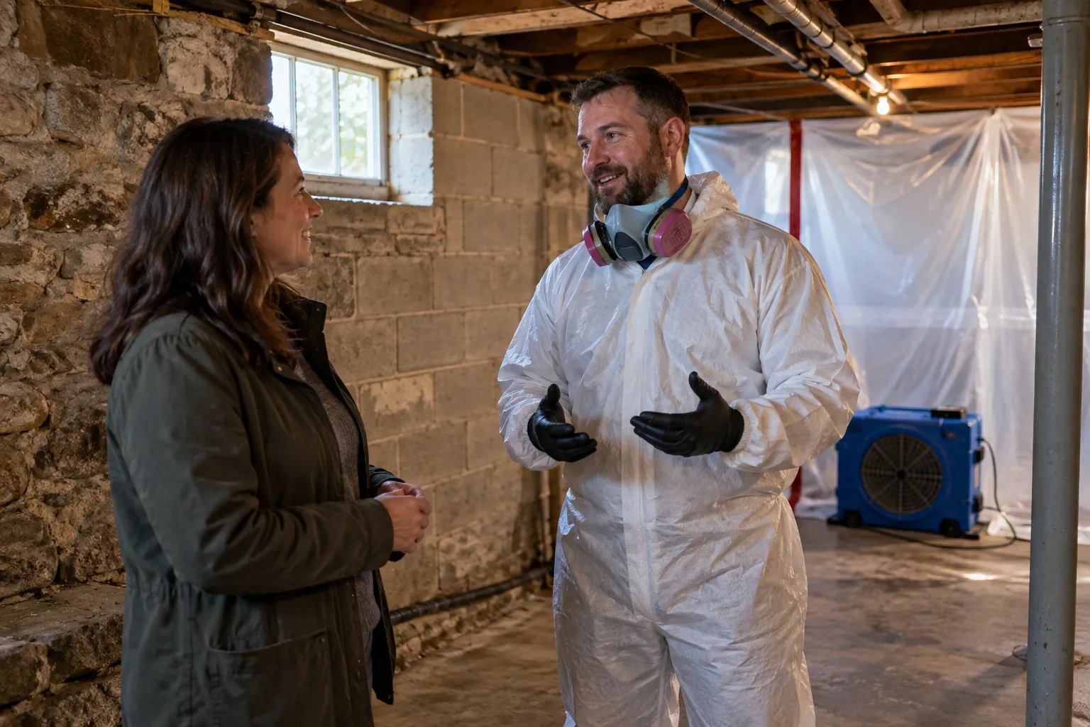 Provider in protective gear inspecting a mold-affected basement wall in a Quogue home