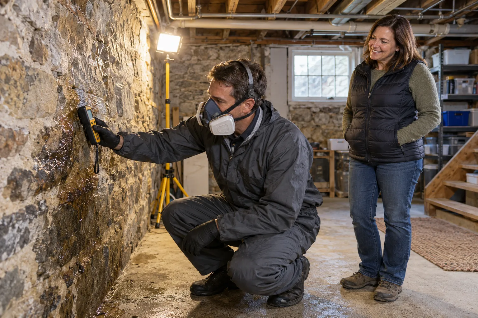 Basement wall in a Quogue home being inspected for mold by a local provider