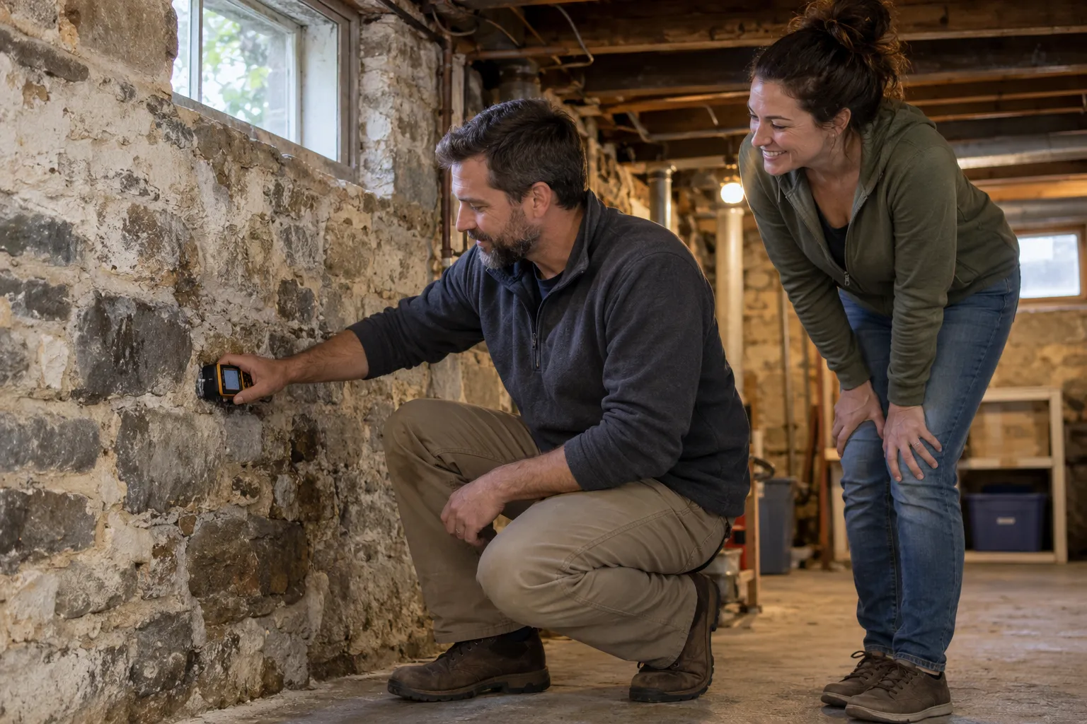 Inspector checking a basement wall for moisture in a Quogue home