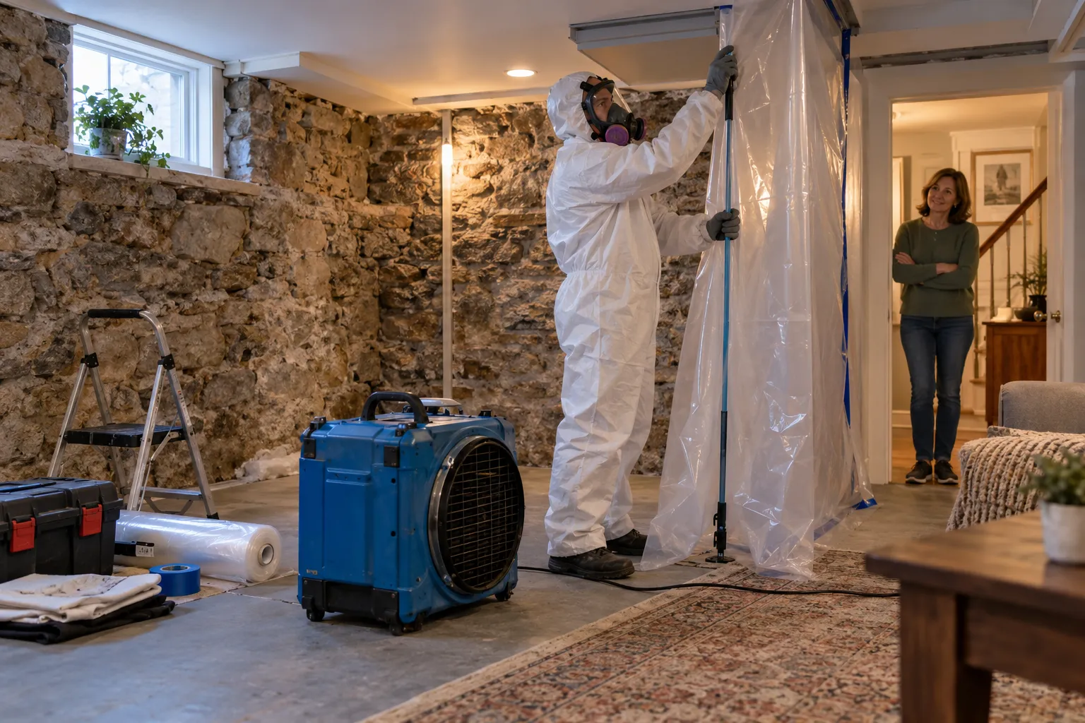 Mold remediation provider in protective gear setting up containment in a Quogue basement